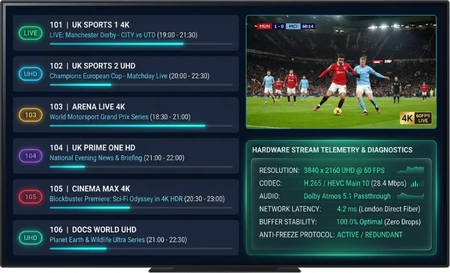 Best IPTV UK 4K player interface showing live channels, VOD cinema, 60fps sports, and PPV arena